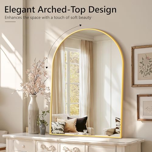 Gold Arched Wall Mirror 40x28 Inches Metal Frame Vanity Mirror for Bathroom & Decor - TRAHOME