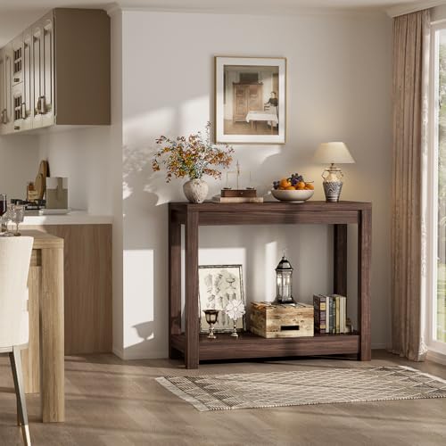 Besiost Farmhouse Narrow Console Table with Shelves - Black Walnut, 32" Entryway & Sofa Table