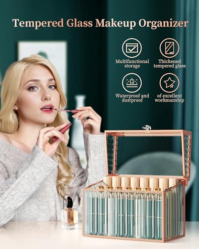 Gold Lipstick Organizer with 24 Slots - Tempered Glass Makeup Storage