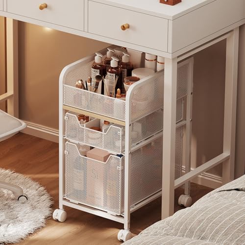 Rolling Makeup Cart Organizer with 2 Drawers, Narrow Floor Skincare Organizers, Vanity Organizer Cosmetics Display Cases Holder for Skin Care Nail Polish Perfume Makeup Brush, White