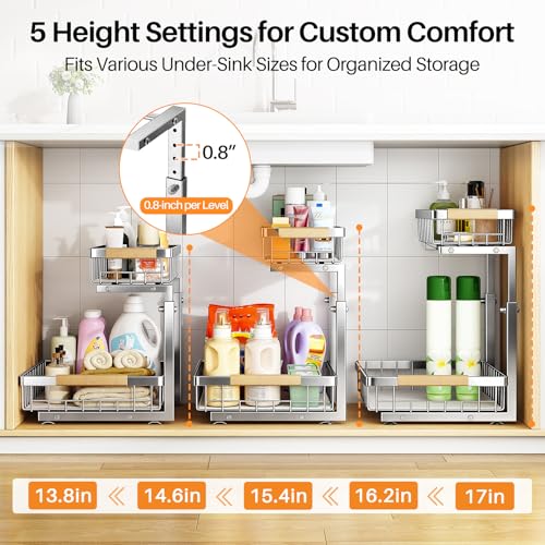 Under Sink Organizer 2-Tier Pull-Out Storage Shelf - Silver, Adjustable Height