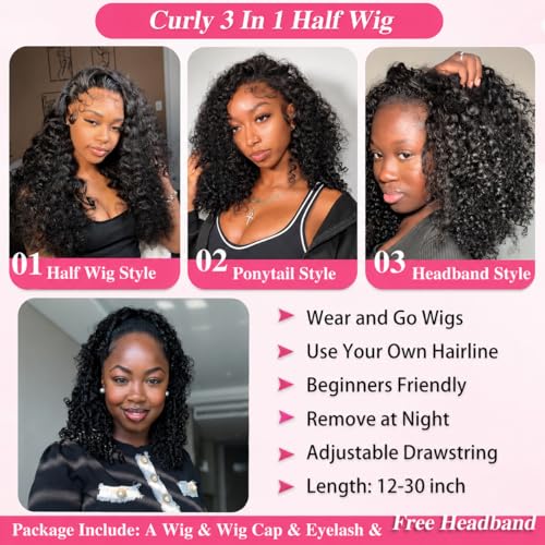 Deep Wave Half Wig Human Hair 18 Inch Glueless Clip-In Style for Women - 3 in 1 Flip Over & Headband