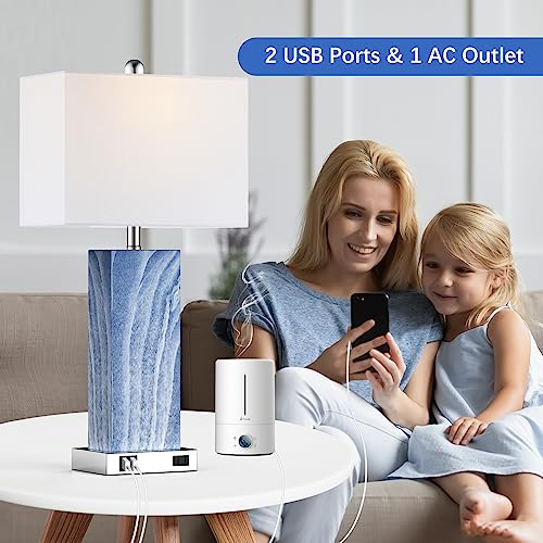 Blue Touch Control Bedside Table Lamp Set of 2 with USB & Outlet, 3-Way Dimmable, Modern Ceramic Nightstand Lamps with Fabric Shade
