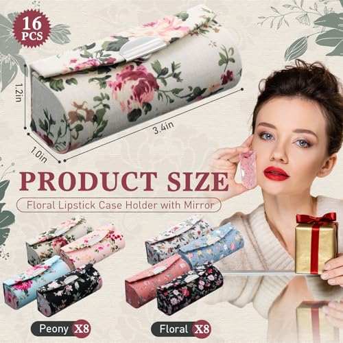 16 Pcs Operation Christmas Items Bulk Lipstick Case with Mirror Ladies Floral Portable Lipstick Case Cosmetic Storage Kit Makeup Travel Cases Organizer Bag for Christmas Bags Stuffers