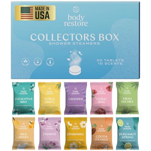 Body Restore Shower Steamers Aromatherapy 30 Pack - Christmas Stocking Stuffers for Men, Birthday Gifts for Women, White Elephant, Relaxation, Self Care - Collector¡¯s Box