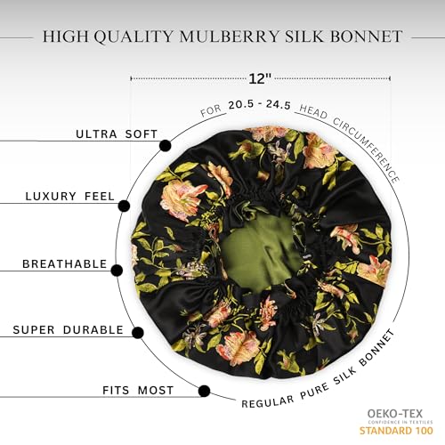 Wild Rose Mulberry Silk Bonnet for Sleeping - 19 Momme Double Layer, Non-Slip Hair Wrap for Curly Hair