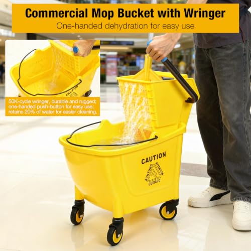 35 Qt Commercial Mop Bucket with Side Press Wringer - Yellow, Wheels