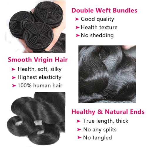 Brazilian Body Wave Hair Bundles with Closure 16 18 20 + 14 Inch Natural Color