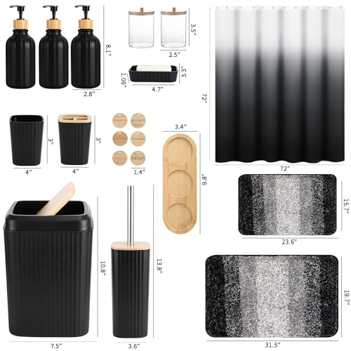 Black Bathroom Set with Shower Curtain and Rugs - 32PCS Toilet Accessories Including Trash Can & More - Variation: Bath Set + Shower Curtain + Bath Rugs
