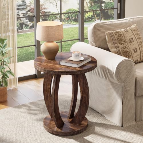 Round End Table with Storage - Rustic Side Table in Dark Brown, 23.62 inch