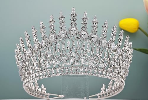 QXMYOO Silver Tall Wedding Tiara for Bride Large Queen Crown with Cubic Zirconia - Bridal Hair Accessories