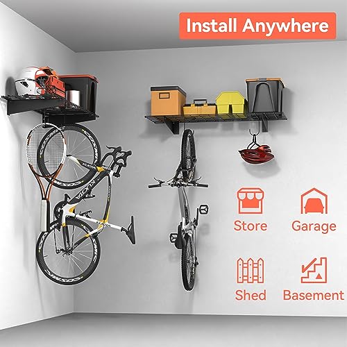 Garage Wall Shelves 2-Pack - 15x45 Inch Wire Storage with Hooks, Black