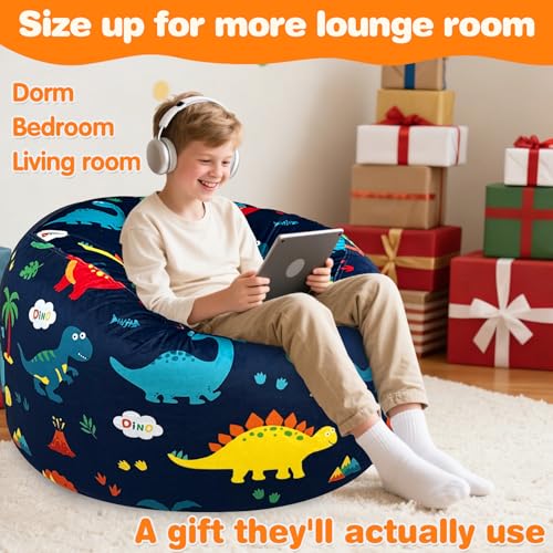 Dinosaur Bean Bag Chair for Kids & Teens - Large 27 Inch Floor Lounger with Memory Foam & Washable Velvet Cover Variation of Dinosaur / Large