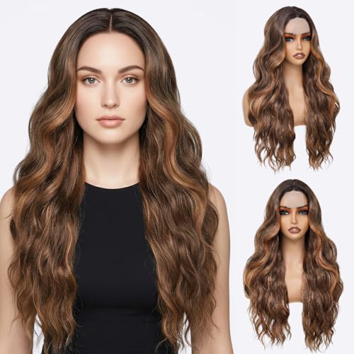Highlight Brown Wavy Wig for Women 26 Inch Middle Part - Long Synthetic Hair - Highlight Brown / 26 Inch
