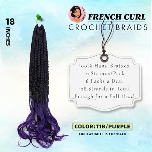French Curl Crochet Braids for Black Women - 18 Inch, 8 Packs, Ombre Purple, Pre-Looped Goddess Box Braiding Hair with Curly Wavy Ends (Variation of This Listing)