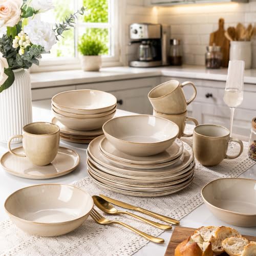Ceramic Dinnerware Set for 6 - 18 Pieces Plates and Bowls, Lead-Free & Microwave Safe