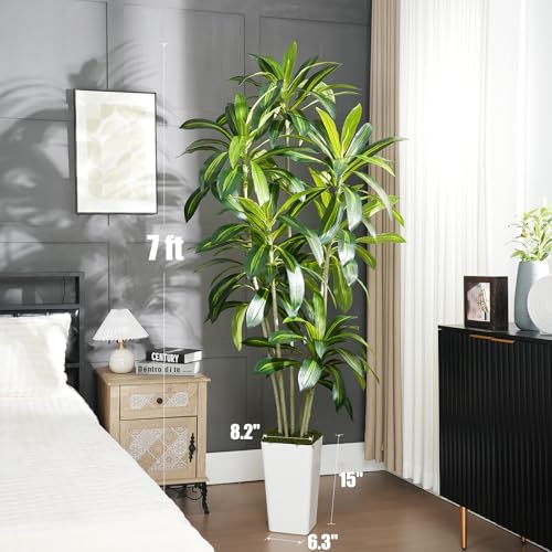 Artificial Dracaena Tree 7Ft Tall with White Planter - Real Touch Indoor Outdoor Decor