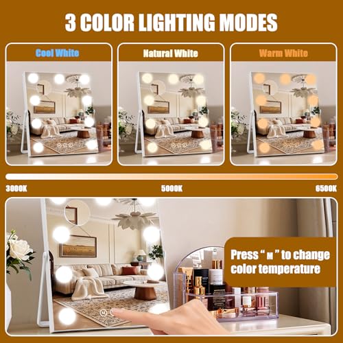 Vanity Mirror with Lights, 16"¡¿10" Hollywood Makeup Mirror with 9 Dimmable Bulbs, 3000mAH Battery, 3-Color Lighting, Dimmable, 360¡Æ Rotation, 10x Magnification, Desk Mirror, Bedroom (White)