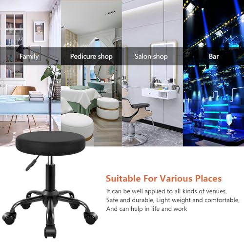 KKTONER Round Stool Rolling Stools PU Leather Height Adjustable Stool with Wheels Swivel Spa Drafting Work Chair Small (Black)