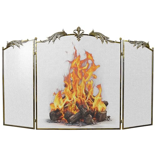 WICHEMI Vintage Style 3-Panel Fireplace Screen 50x32 Inch Bronze - Foldable Safety Guard