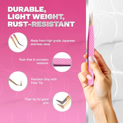 5 Pcs Fiber-Tip Japanese Steel Lash Tweezer Set with Leather Case, Professional Eyelash Tweezers for Lash Extensions ? Titanium Coated, 90 & 45 Angled, Precision Pointed Tweezers (PINK)