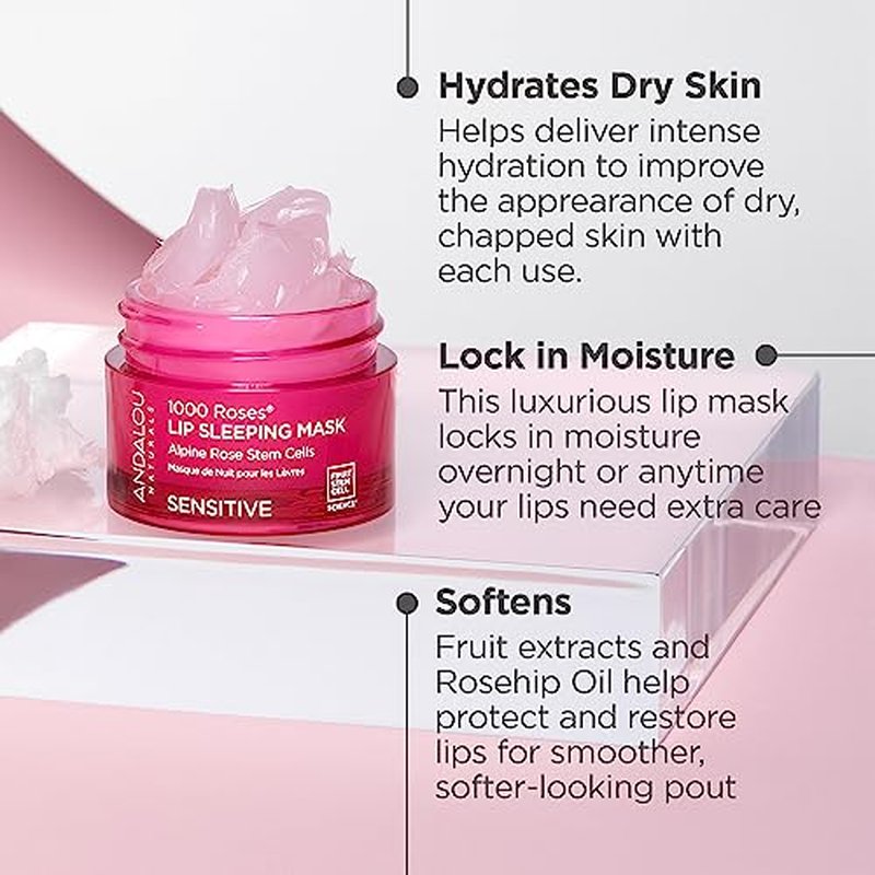 Andalou Naturals Mask 1000 ROSES, Overnight Sleeping Mask for Dry, Chapped Lips, Plumping, Hydrating & Soothing Balm with Alpine Rose Stem Cells, Vegan & Cruelty-Free, 0.42 O