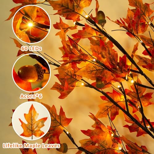 4Ft Lighted Artificial Maple Tree for Fall & Thanksgiving Decor, 60 LED Dimmable & Flashing Modes