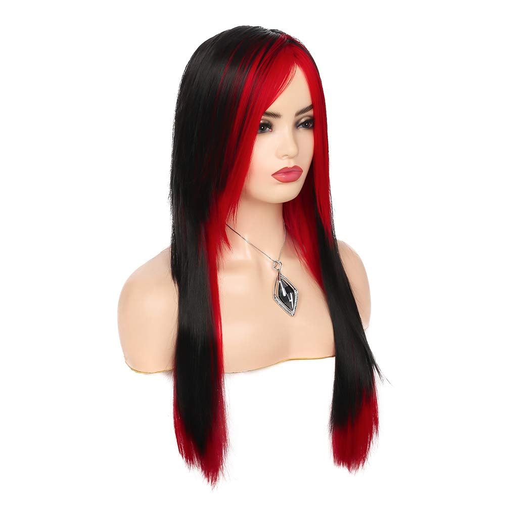 Silky Straight Long Red Black Wig with Side Bangs - Heat Resistant Synthetic Hair for Halloween