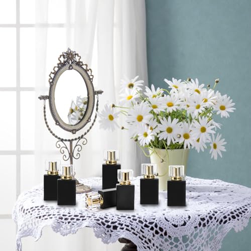 Foraineam 8 Pack 30ml / 1 oz. Black Refillable Perfume Bottles, Portable Square Empty Glass Perfume Atomizer Bottle with Spray Applicator