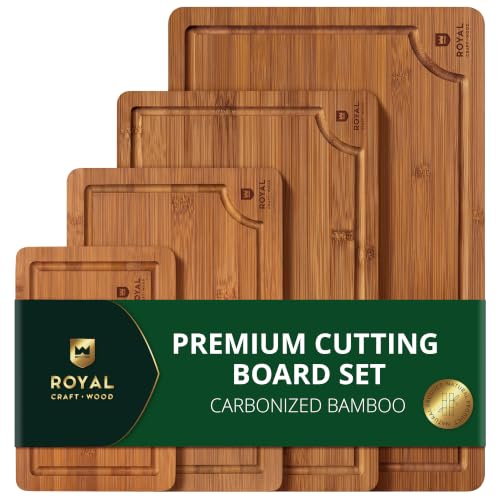 Brown 4-Piece Bamboo Cutting Board Set with Juice Grooves & Handles - Kitchen Prep & Serving