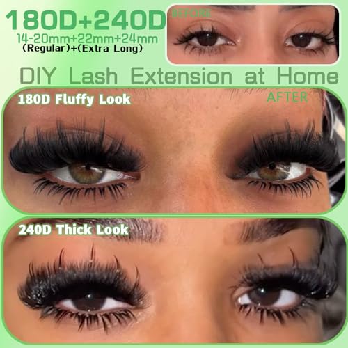 Lashes Clusters 180D+240D Thick Lash Clusters 14-24mm Long Cluster Eyelash Extensions 432Pcs Eyelash Clusters Waterproof Volume Individual Cluster Lashes Soft Wispy Mink False Eyelashes