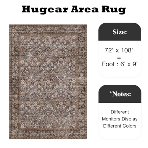 Vintage Floral Washable Area Rug - 6x9 Brown and Blue Living Room Carpet - Non-Slip, Pet-Friendly
