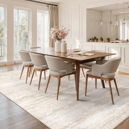 8x10 Washable Area Rug for Living Room - Neutral Beige Ivory, Non-Slip, Soft