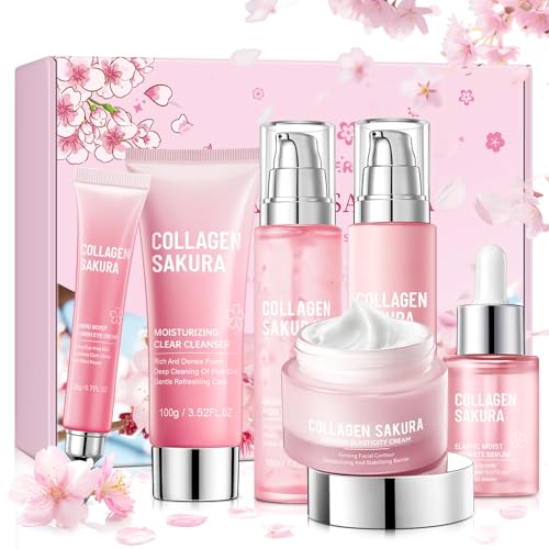 Collagen Sakura Skincare Gift Set Pink - 6 Pieces Moisturizing & Revitalizing Routine for Women & Teens