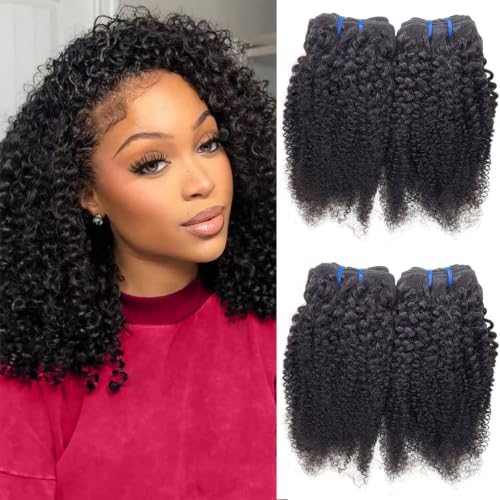 Kinky Curly Human Hair Extensions 14 16 18 20 Inch - Unprocessed Brazilian Virgin Hair Bundles for Black Women - Natural Black Color