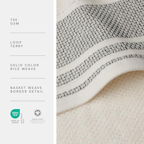 TexereSilk Organic Cotton Luxury Bath Towel Set - Cream w/Black Rice Weave, 2 Bath & 2 Hand Towels