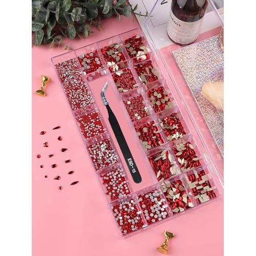 3100Pcs Red Rhinestones for Nails EBANKU Nail Art Rhinestones Kit Red Nail Crystal Rhinestones Mixed Shape with Rhinestone Picker Dotting Pen Tweezers for Valentine's Day DIY Nail Art Craft