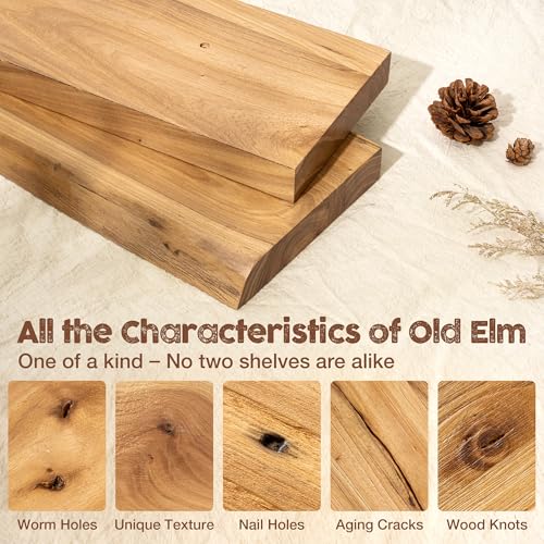 Fuqing Floating Wall Shelves - Natural Elm Flat Edge, 24 Inch, 2-Pack