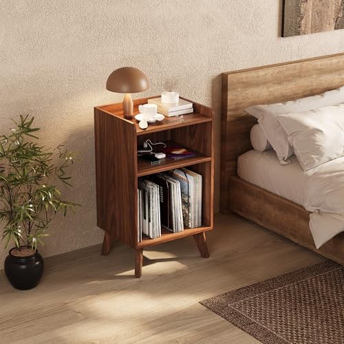 Walnut Record Player Stand with Storage, Charging Station & USB Ports
