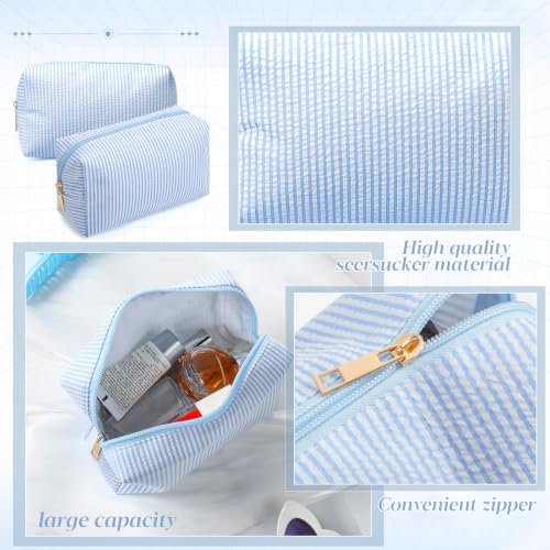 Sanwuta Light Blue 36 Pcs Seersucker Cosmetic Bags Bulk with Zippered Stripes