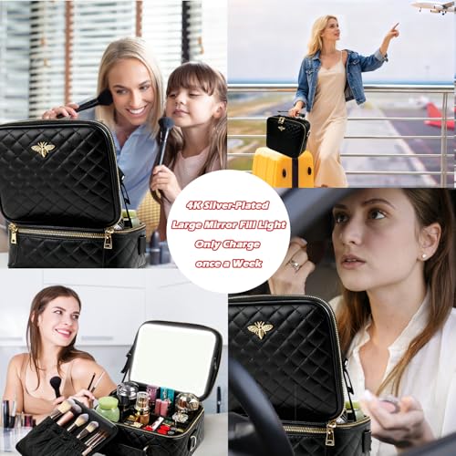 Travel Makeup Bag with Light Up Mirror Black Grid - Waterproof Portable Cosmetic Organizer