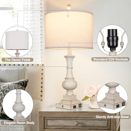 White 26-Inch Farmhouse Table Lamps Set of 2 with USB-C & AC Outlets, Dimmable Touch Control, Rustic Nightstand Lamps for Bedroom and Living Room