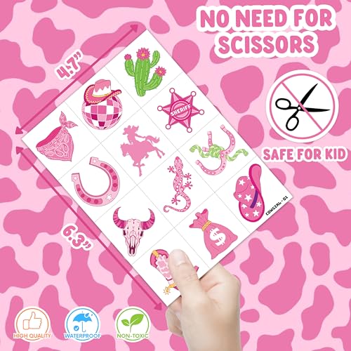 96 PCS Disco Western Cowgirl Pre-Cut Temporary Tattoos for Kids | Super Cute Themed Birthday Party Favors, Supplies, Decorations, Pink Fake Tattoo Stickers (multiple)