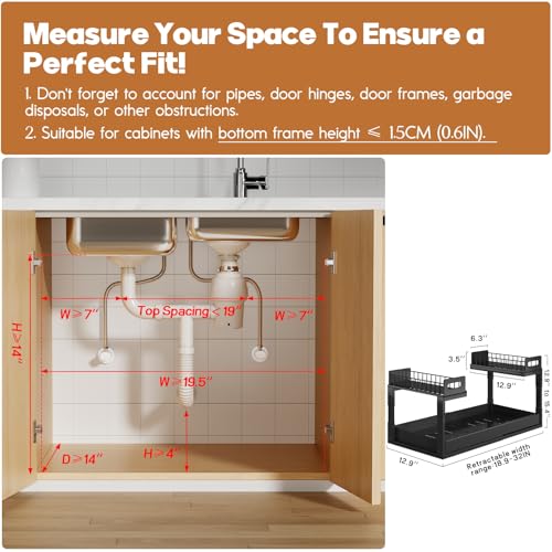 Expandable Under Sink Organizer 19-32 Inches with Ball-Bearing Slides - Black - 1 Pack
