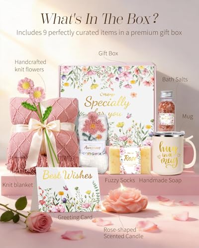 Self Care Gift Basket for Women with Rose Theme - Pink Birthday Relaxation Set with Knit Blanket