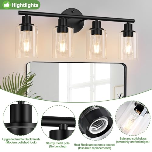 Matte Black 4-Light Bathroom Vanity Light Fixture with Clear Glass Shades – Reversible Mounting