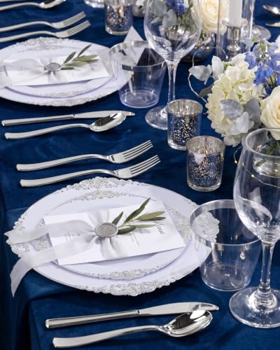White and Silver Disposable Plastic Dinnerware Set for 100 Guests - Baroque Style