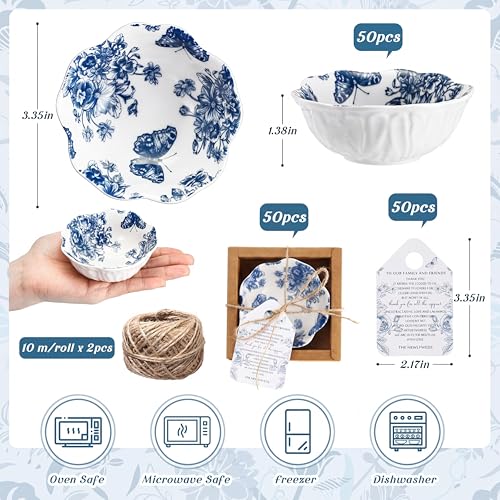 Teenyyou 50 Pack Small Ceramic Bowls - Blue Floral Wedding Favors & Holiday Party Serveware