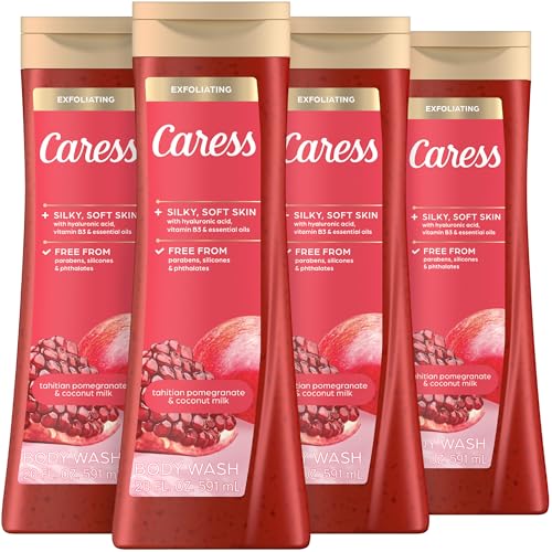 Caress Tahitian Pomegranate & Coconut Milk Exfoliating Body Wash 20oz - Long-Lasting Fragrance & Hydration - 4 Pack