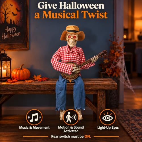 Halloween Animatronics Skeleton with Banjo - Sound & Light Activated Decor - Variation of Banjo Playing Skeleton